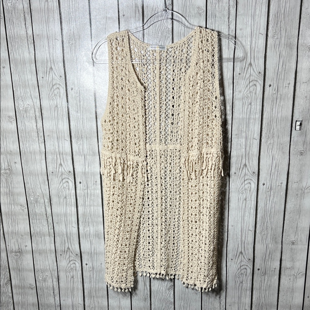 Woven heart crochet fringe one size cover up
